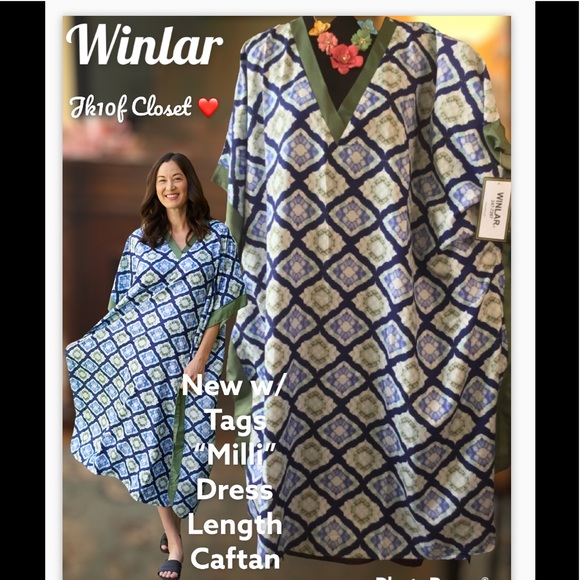 🌸NWT WINLAR MILLI” GEO BLUE & GREEN COVERUP CAFTAN DRESS - Picture 1 of 15
